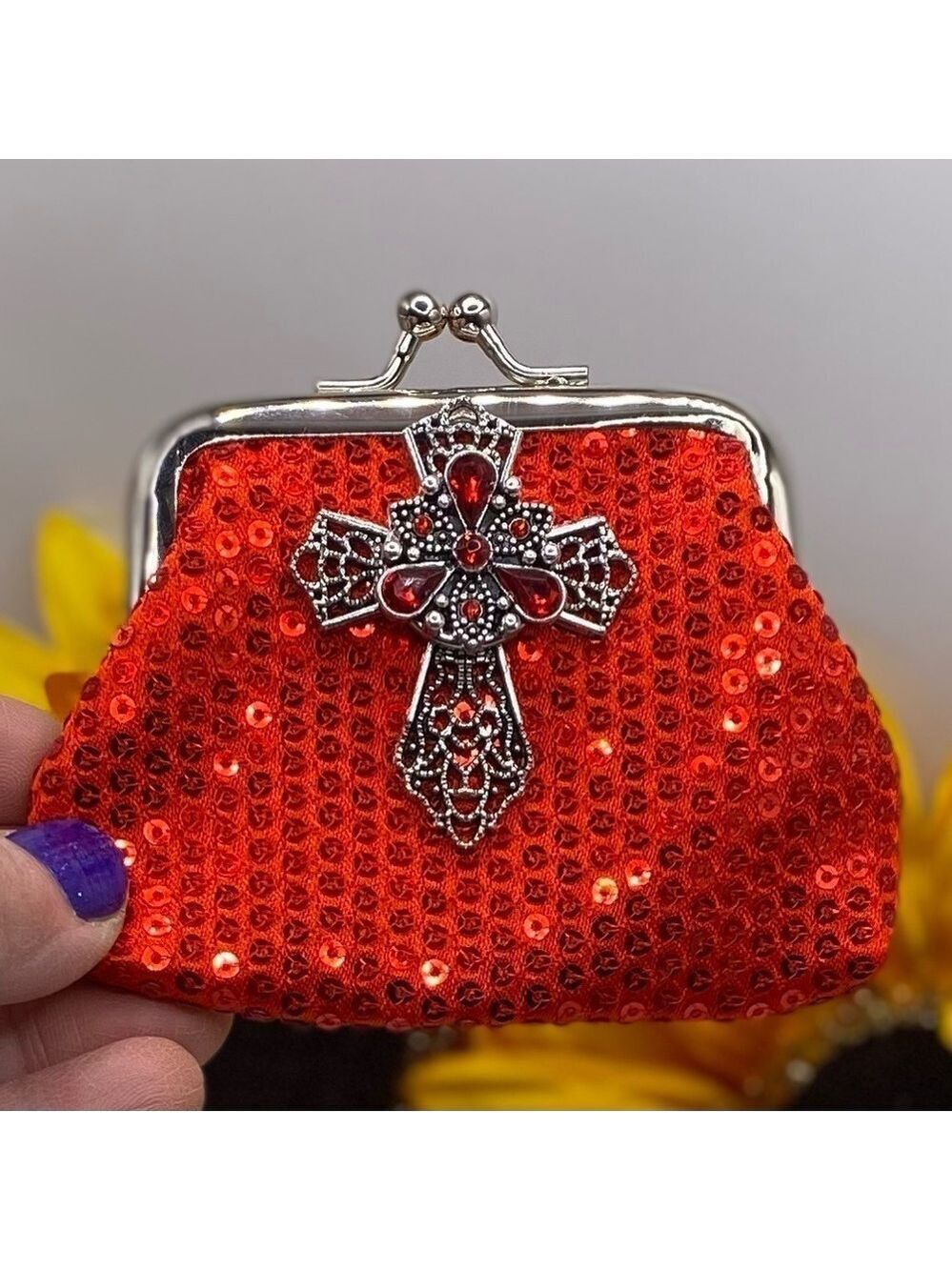 Ruby Red Sequin Change Purse w/ Silver Cross & 18mm Red Ginger Snap! VIDEO!